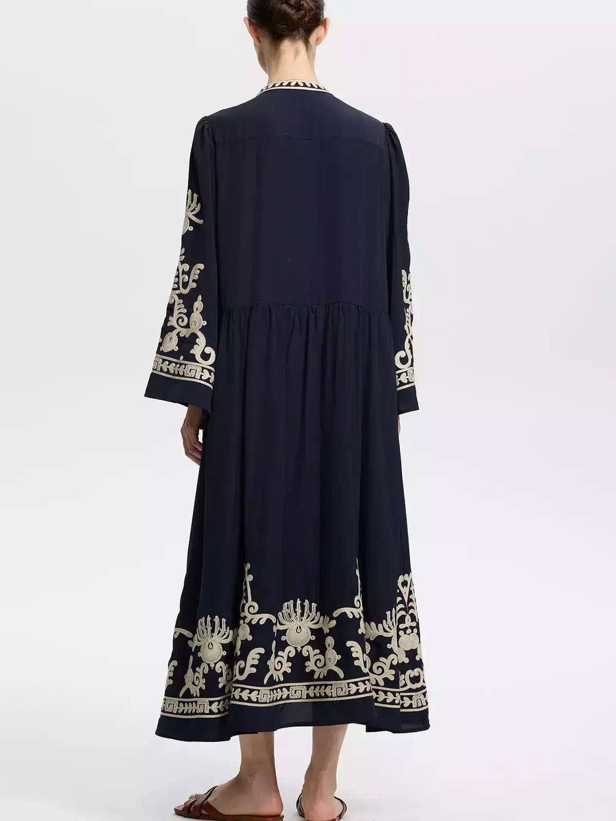 Embroidered Long-Sleeve Navy Midi Dress - Dresses