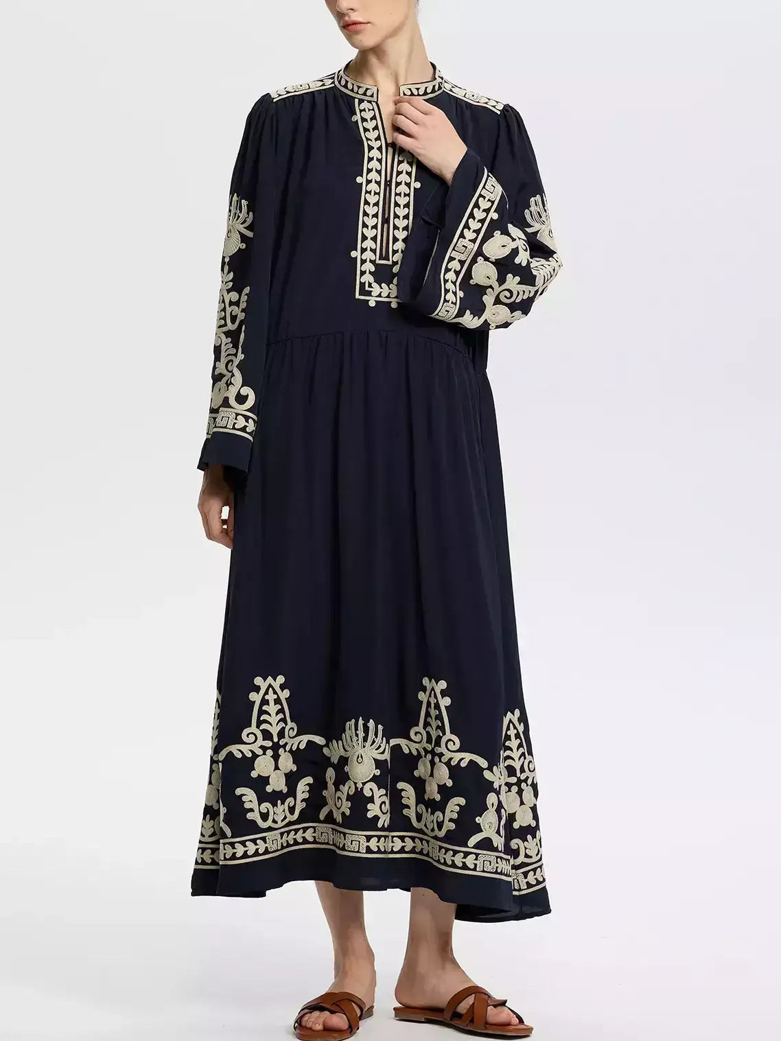 Embroidered Long-Sleeve Navy Midi Dress - Dresses