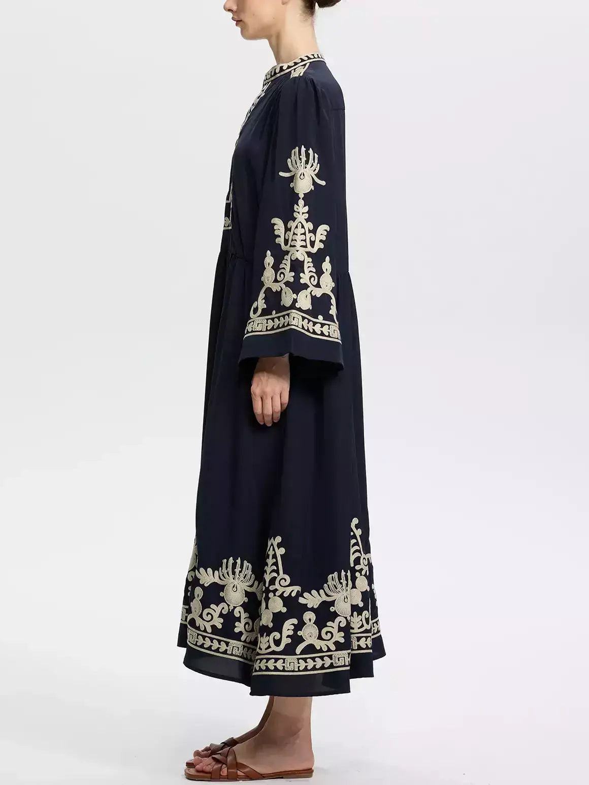 Embroidered Long-Sleeve Navy Midi Dress - Dresses
