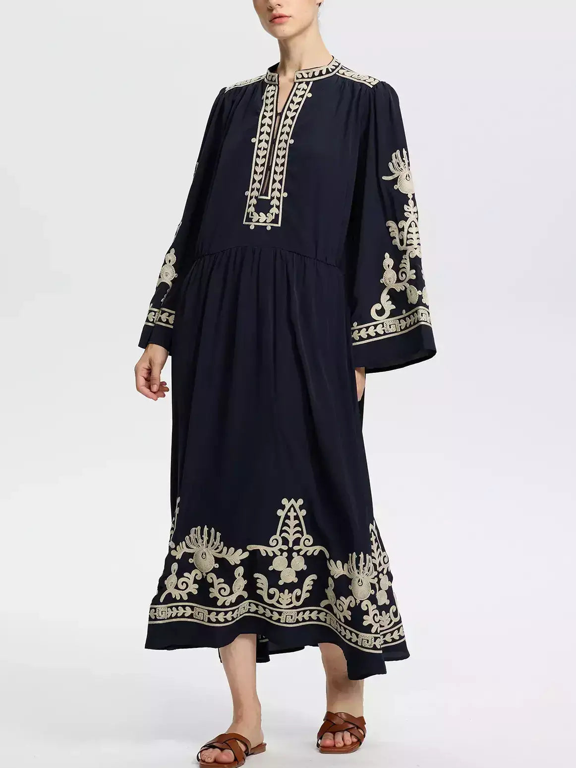 Embroidered Long-Sleeve Navy Midi Dress - Dresses