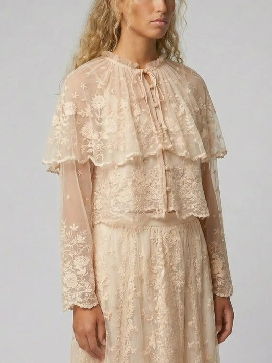 Embroidered Mesh Capelet Blouse - Tops