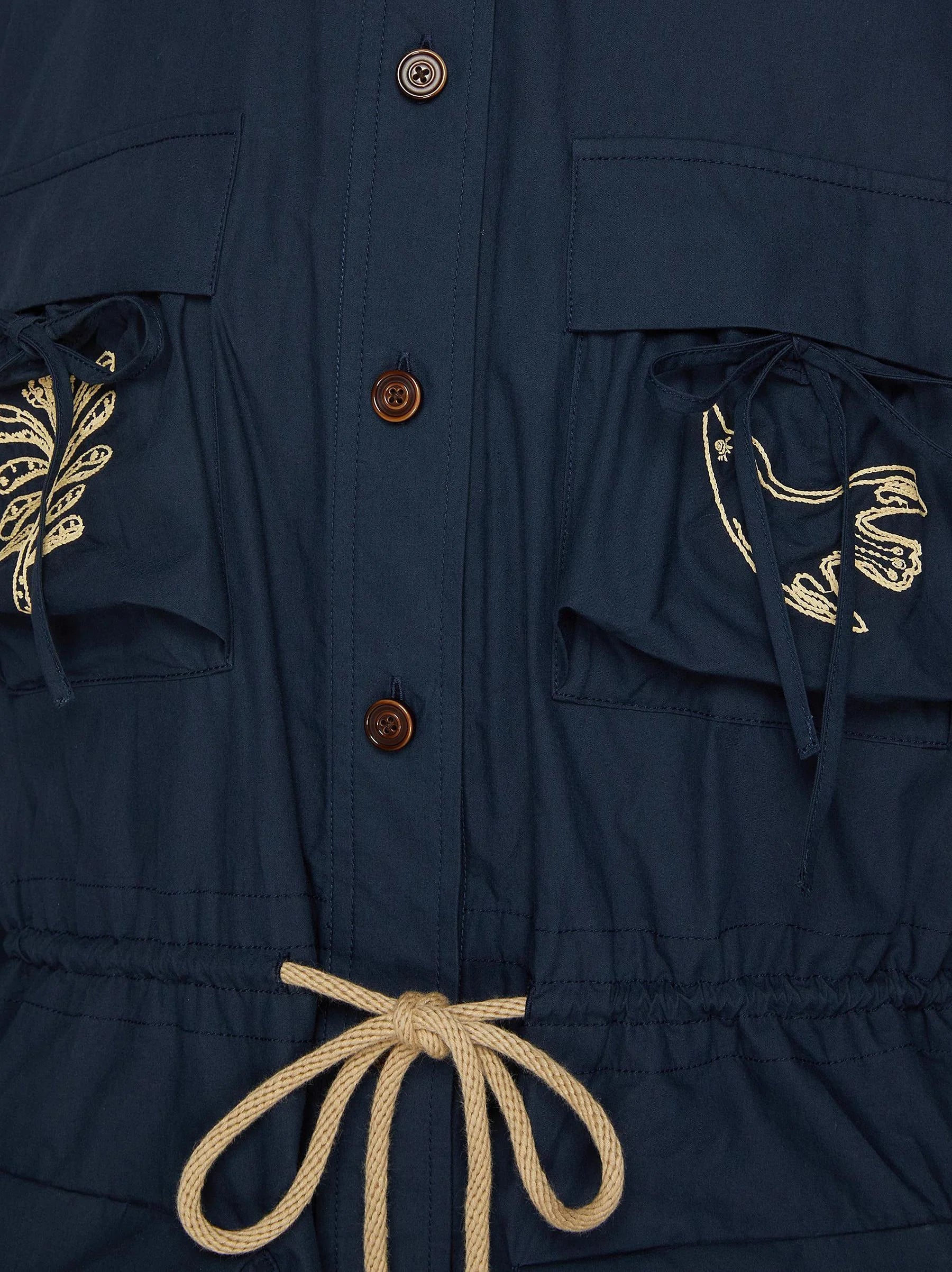Embroidered Multi-Pocket Drawstring Trench Jacket - Jackets