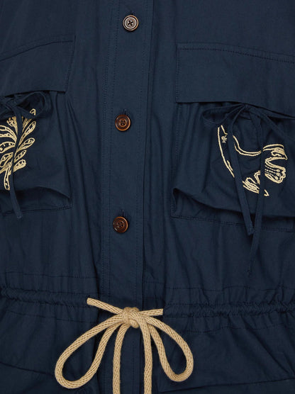 Embroidered Multi-Pocket Drawstring Trench Jacket - Jackets