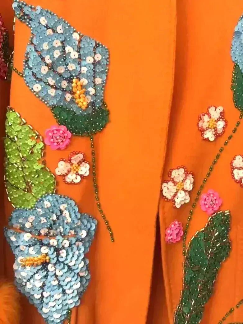 Embroidered Orange Wool Wrap Coat with Fur Cuffs - One size - Coats