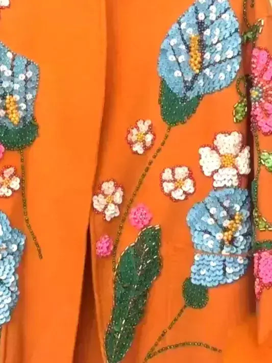 Embroidered Orange Wool Wrap Coat with Fur Cuffs - One size - Coats