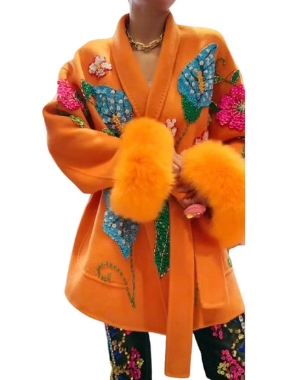 Embroidered Orange Wool Wrap Coat with Fur Cuffs - One size - Coats