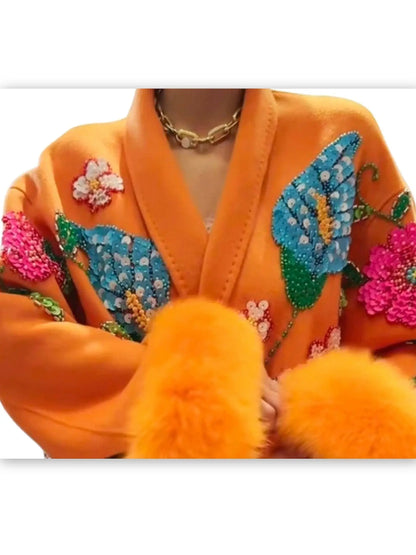 Embroidered Orange Wool Wrap Coat with Fur Cuffs - One size - Coats