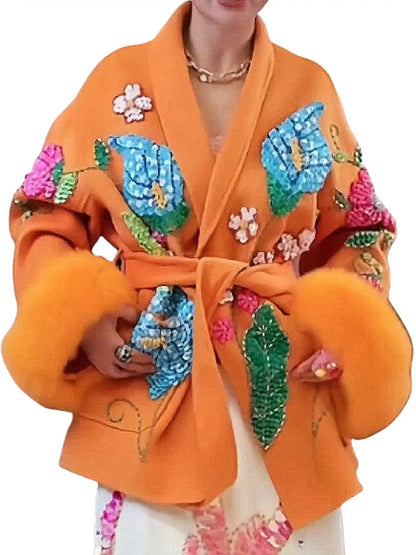 Embroidered Orange Wool Wrap Coat with Fur Cuffs - One size - Coats