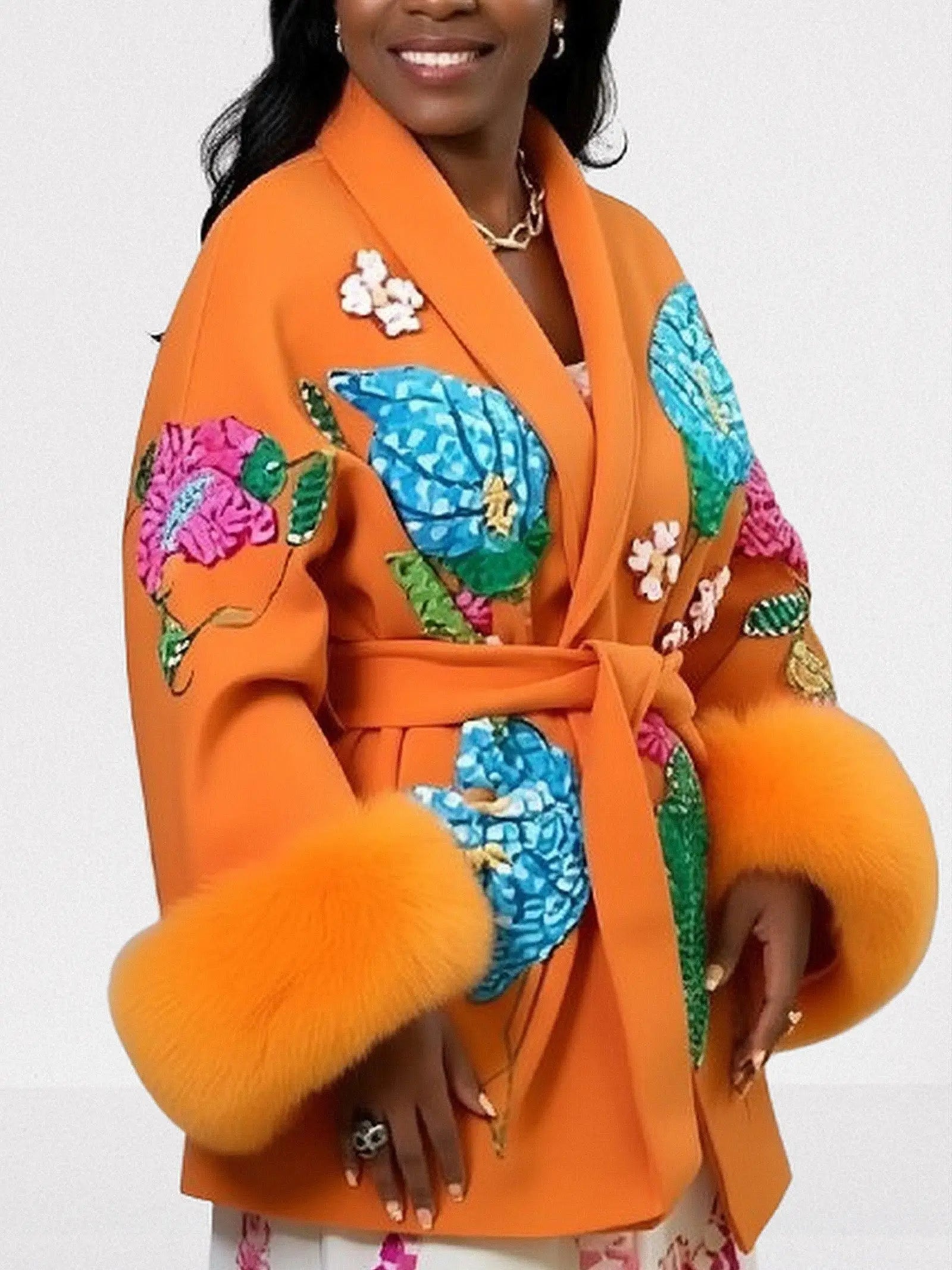 Embroidered Orange Wool Wrap Coat with Fur Cuffs - One size - Coats