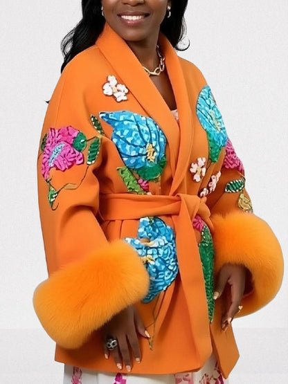 Embroidered Orange Wool Wrap Coat with Fur Cuffs - One size - Coats