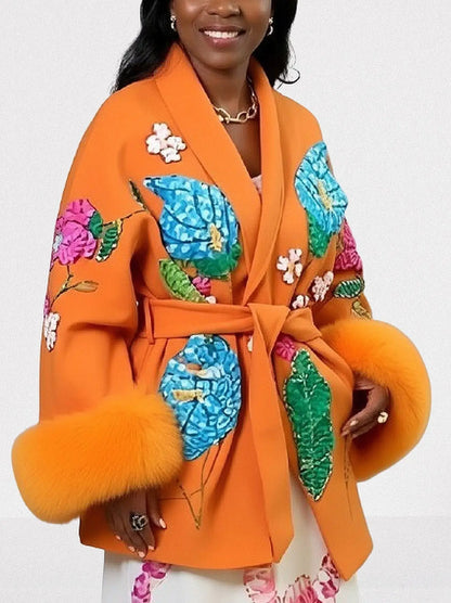 Embroidered Orange Wool Wrap Coat with Fur Cuffs - One size - Coats