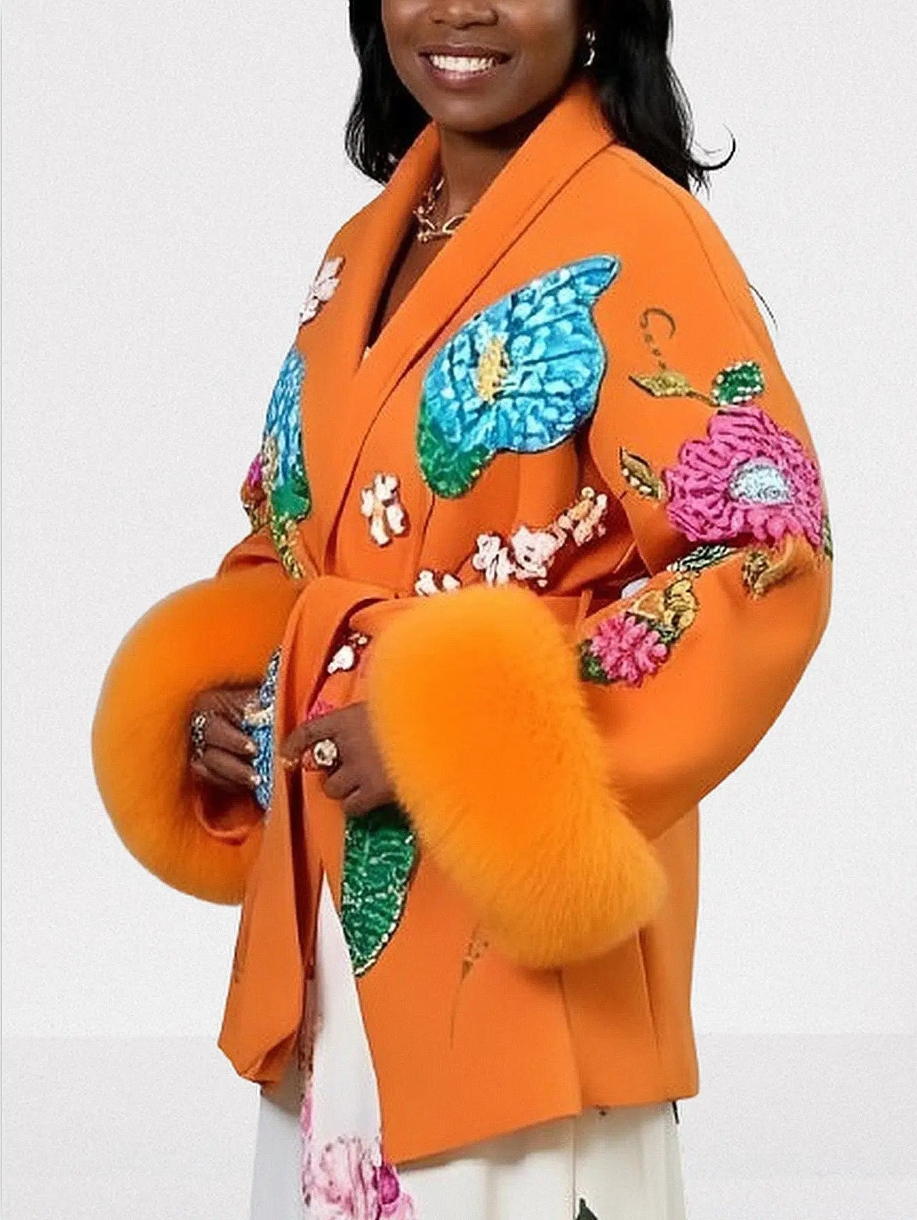 Embroidered Orange Wool Wrap Coat with Fur Cuffs - One size - Coats