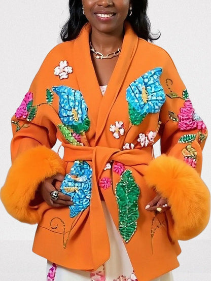 Embroidered Orange Wool Wrap Coat with Fur Cuffs - One size - Coats
