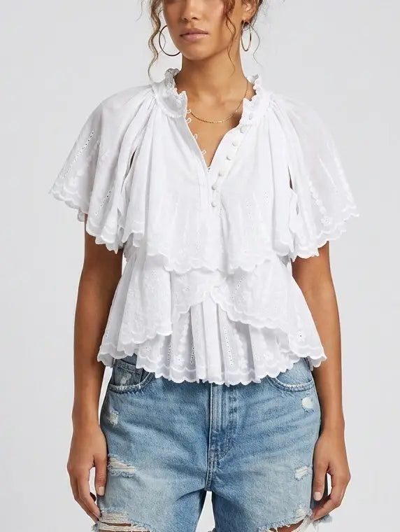 Embroidered Ruffle Tiered Cotton Short Sleeve Blouse - Tops