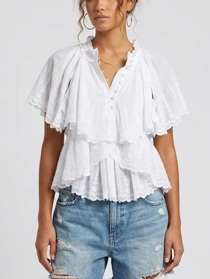Embroidered Ruffle Tiered Cotton Short Sleeve Blouse - Tops