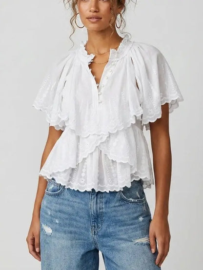 Embroidered Ruffle Tiered Cotton Short Sleeve Blouse - Tops