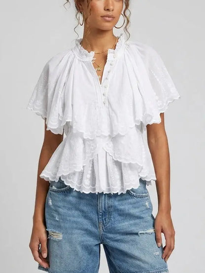 Embroidered Ruffle Tiered Cotton Short Sleeve Blouse - Tops