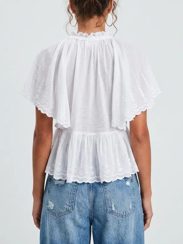 Embroidered Ruffle Tiered Cotton Short Sleeve Blouse - Tops