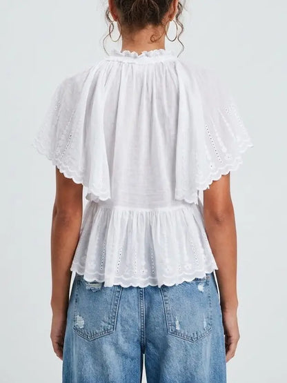 Embroidered Ruffle Tiered Cotton Short Sleeve Blouse - Tops