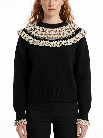 Embroidered Scalloped Collar Knit Sweater - Sweaters & Knitwear