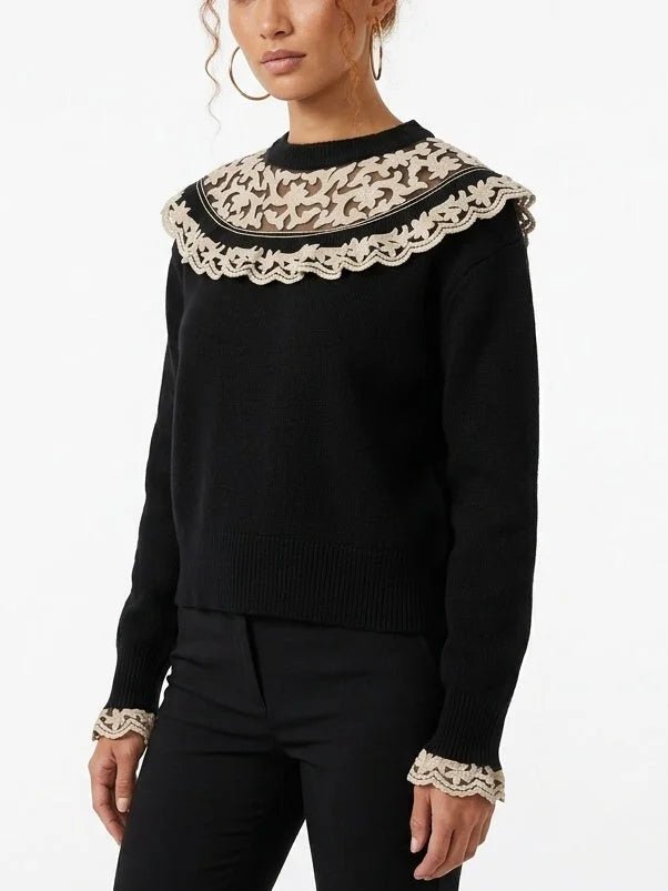 Embroidered Scalloped Collar Knit Sweater - Sweaters & Knitwear