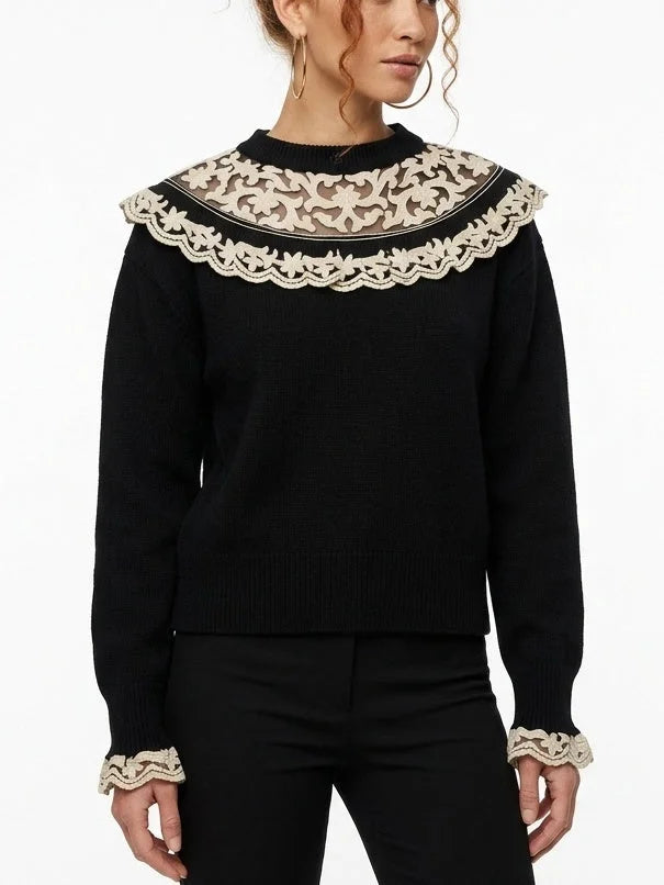 Embroidered Scalloped Collar Knit Sweater - Sweaters & Knitwear