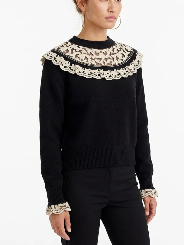 Embroidered Scalloped Collar Knit Sweater - Sweaters & Knitwear