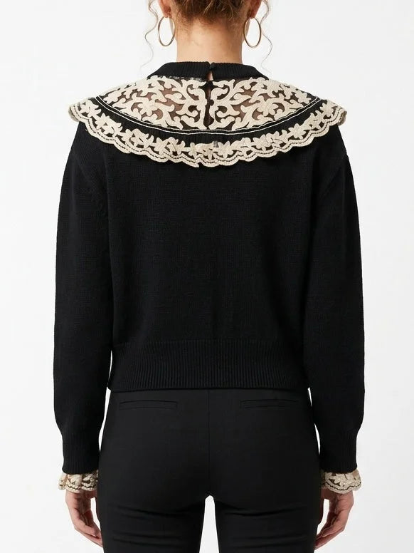 Embroidered Scalloped Collar Knit Sweater - Sweaters & Knitwear