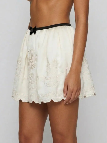 Embroidered Scalloped Mini Skirt with Ribbon Bow - Skirts