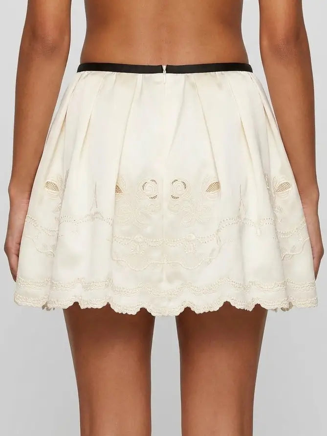 Embroidered Scalloped Mini Skirt with Ribbon Bow - Skirts