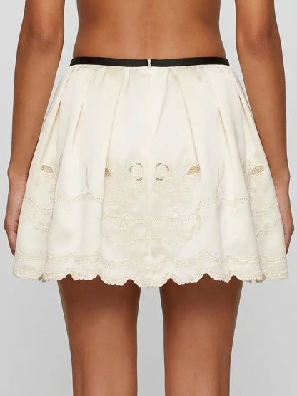 Embroidered Scalloped Mini Skirt with Ribbon Bow - Skirts
