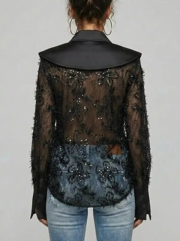 Embroidered Sequin Mesh Blouse with Satin Collar - Tops