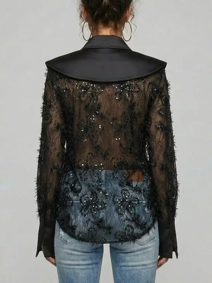 Embroidered Sequin Mesh Blouse with Satin Collar - Tops