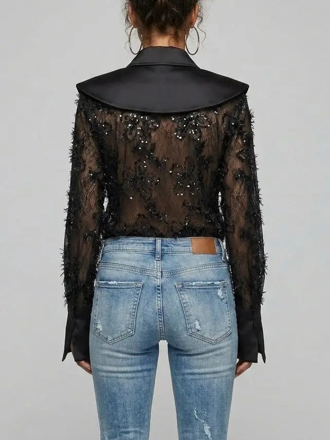 Embroidered Sequin Mesh Blouse with Satin Collar - Tops