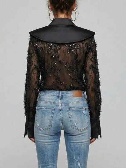 Embroidered Sequin Mesh Blouse with Satin Collar - Tops