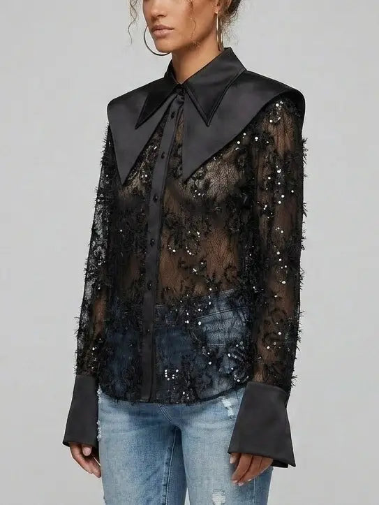 Embroidered Sequin Mesh Blouse with Satin Collar - Tops