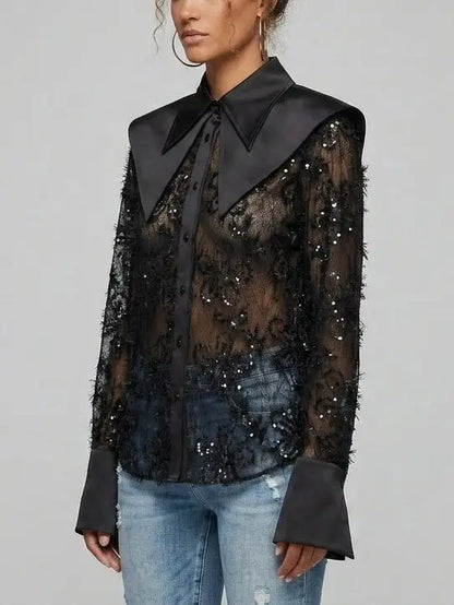 Embroidered Sequin Mesh Blouse with Satin Collar - Tops