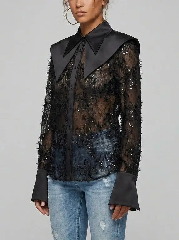 Embroidered Sequin Mesh Blouse with Satin Collar - Tops