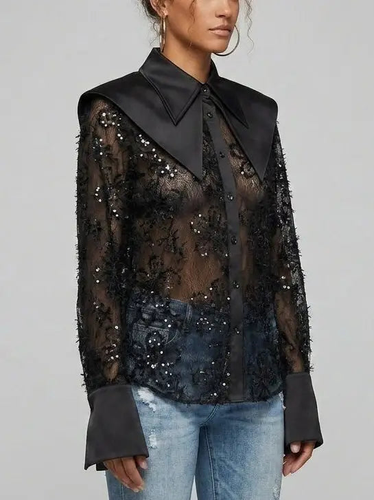 Embroidered Sequin Mesh Blouse with Satin Collar - Tops