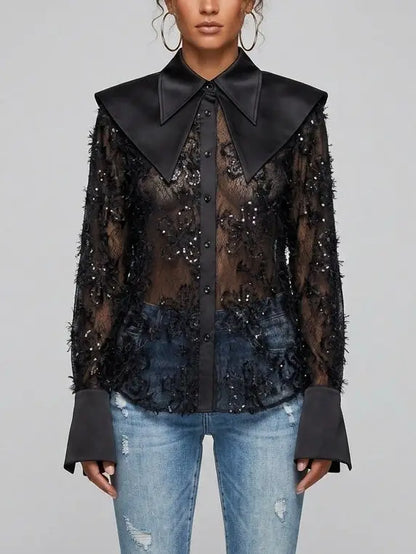 Embroidered Sequin Mesh Blouse with Satin Collar - S / Black - Tops