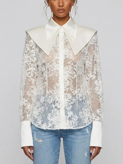 Embroidered Sequin Mesh Blouse with Satin Collar - Tops