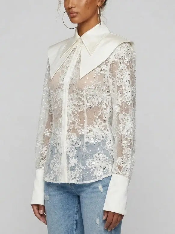 Embroidered Sequin Mesh Blouse with Satin Collar - Tops