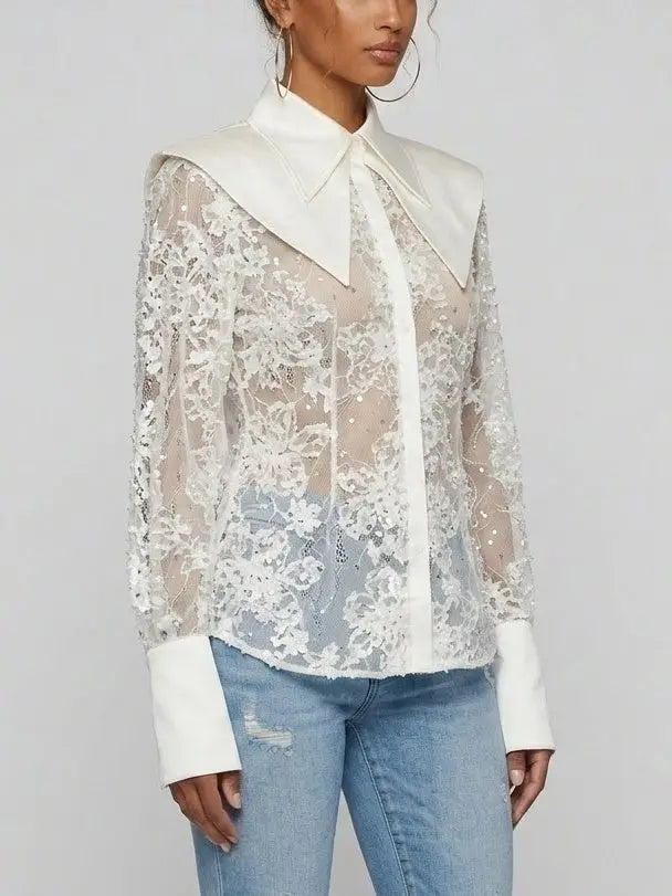 Embroidered Sequin Mesh Blouse with Satin Collar - Tops