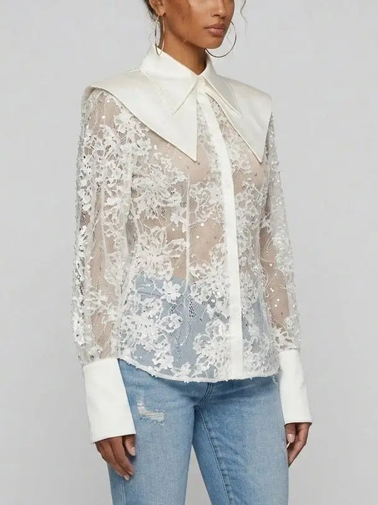 Embroidered Sequin Mesh Blouse with Satin Collar - Tops