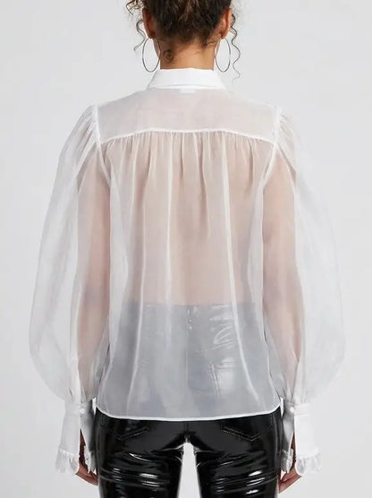 Embroidered Silk Organza Puff-Sleeve Blouse - Tops