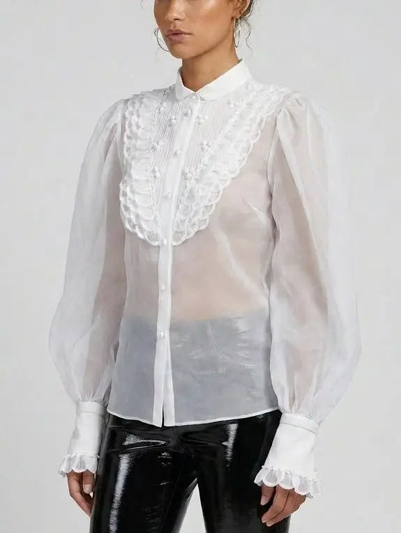 Embroidered Silk Organza Puff-Sleeve Blouse - Tops