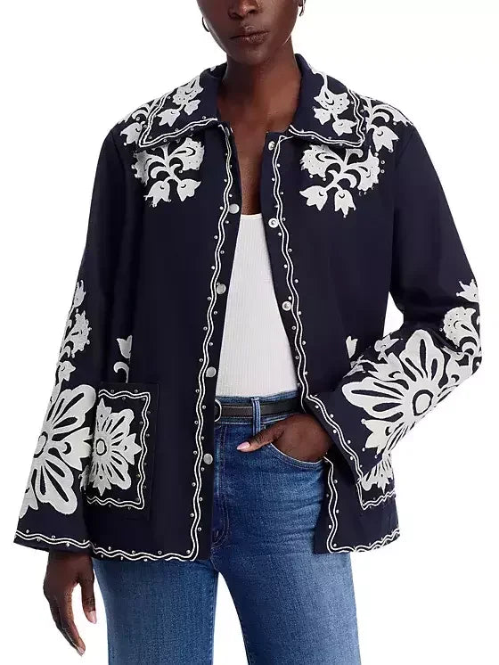 Embroidered Studded Jacket in Navy and White - Jackets