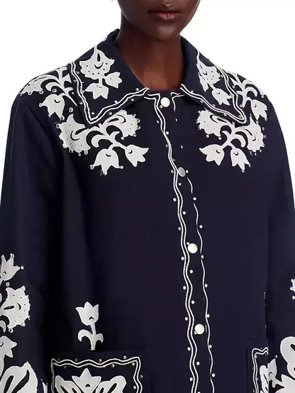 Embroidered Studded Jacket in Navy and White - Jackets