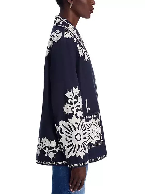 Embroidered Studded Jacket in Navy and White - Jackets