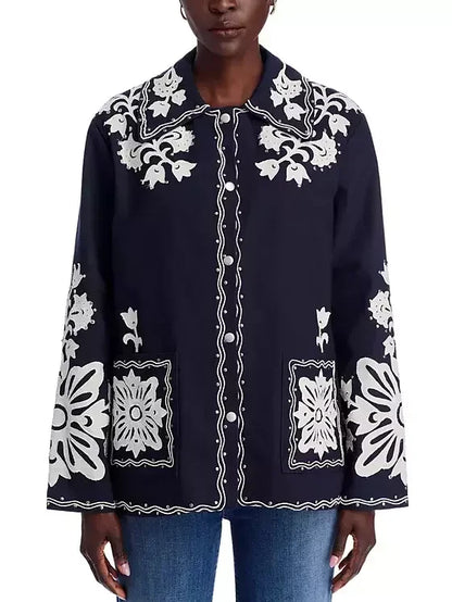 Embroidered Studded Jacket in Navy and White - Jackets